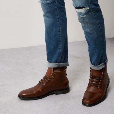 Brown tumbled leather borg lined boots
